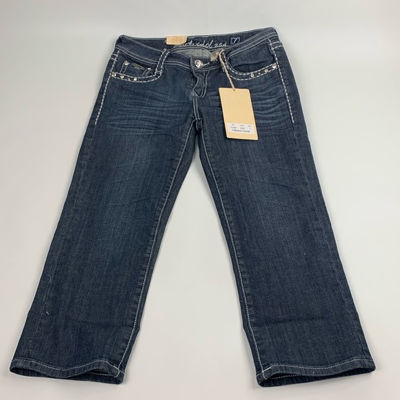 LA IDOL USA Denim Jean Capri Crop Jeans Size 7 Stretch Rhinestone Bling NEW - Picture 1 of 16